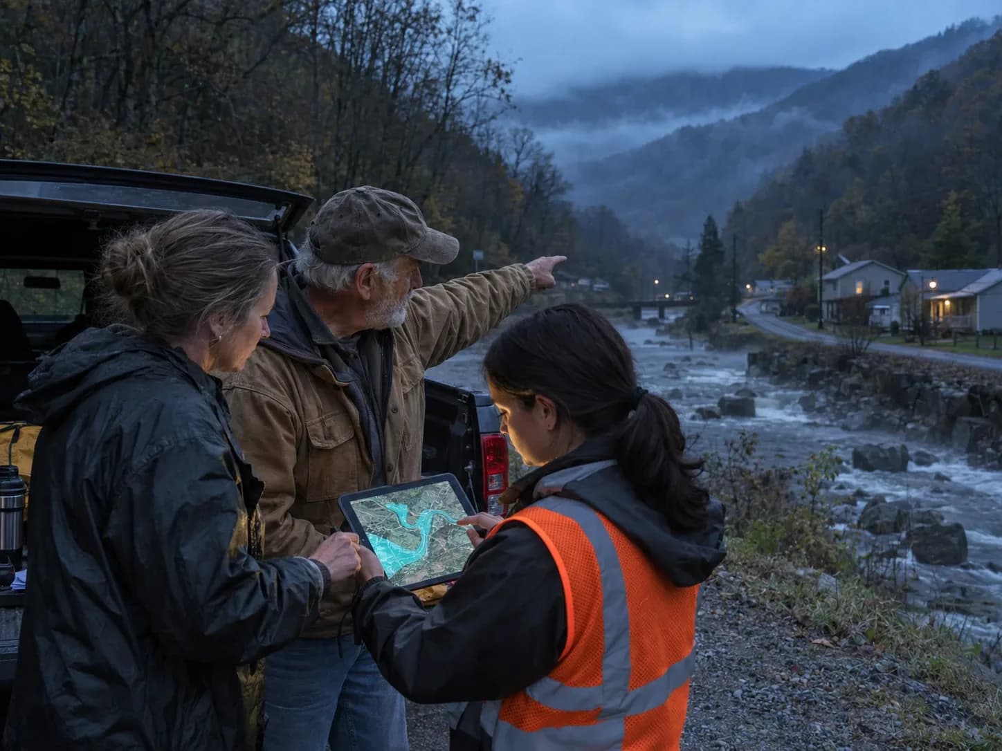 Three people at a pickup truck beside a mountain creek at dusk, reviewing a flood map on a tablet while one points toward homes along the water.