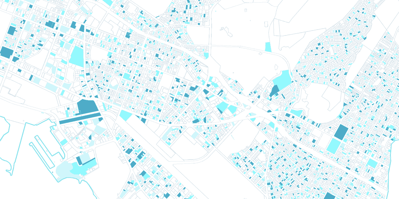 Parcel boundaries in the lower Ala Wai watershed, Honolulu, with many lots shaded in blue